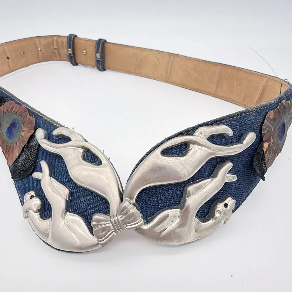 VTG Denim Leather Belt Peacock Feathers Leopard Silver Tone Buckle Adjustable